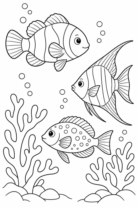 Three different fish swimming around two simple coral branches