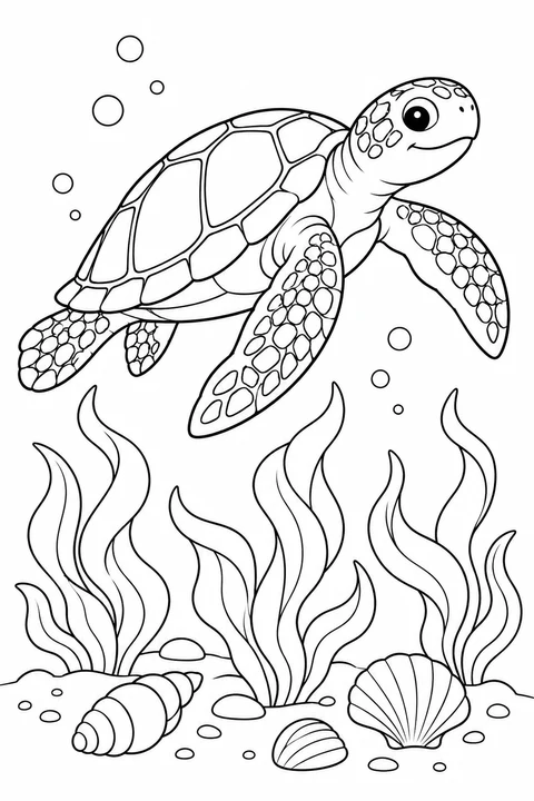 One sea turtle swimming above three broad seaweed fronds and shells