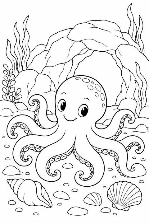 One octopus with exactly eight arms at a small rock cave beside shells