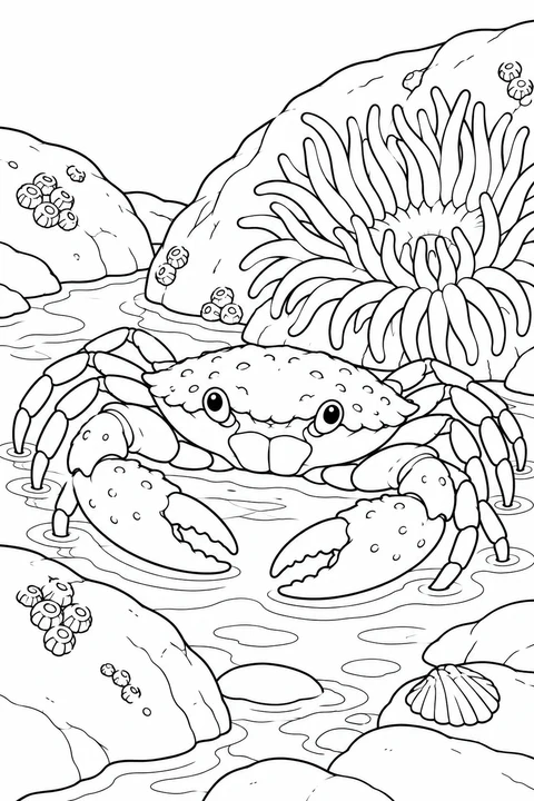 One crab in a tide pool beside sea anemone and rocks