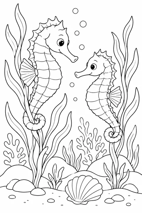 Two seahorses with tails curled around separate seaweed stems