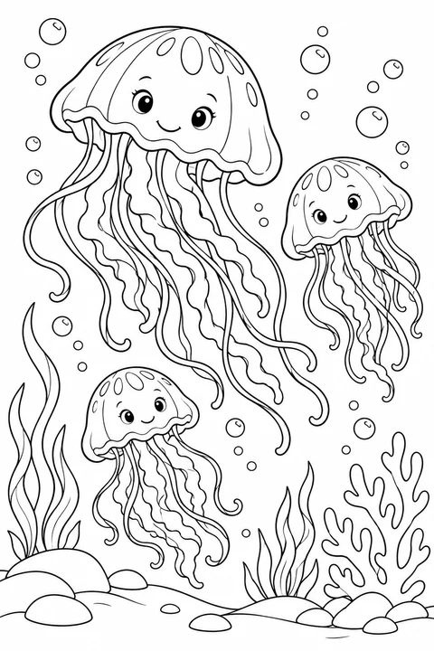 Three separated jellyfish of different sizes with flowing tentacles and bubbles