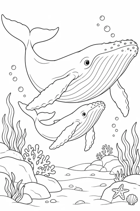 One whale and one calf swimming above gentle sea floor