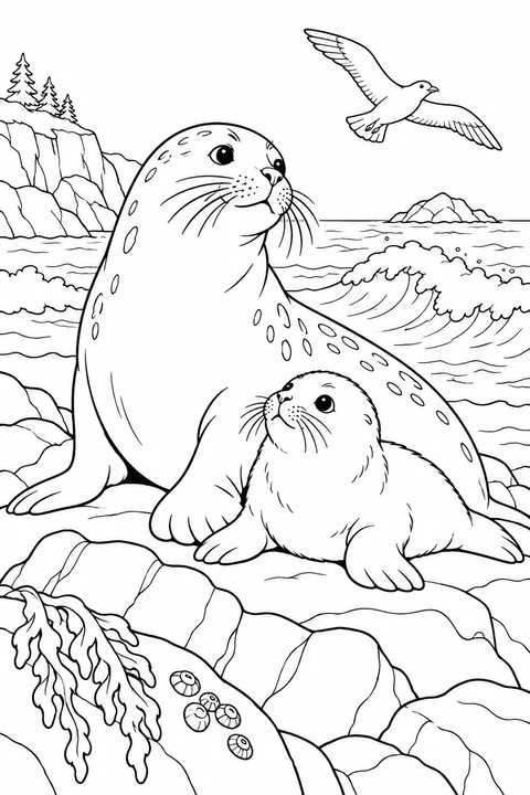 One adult seal and one pup on coastal rocks with waves and seabird
