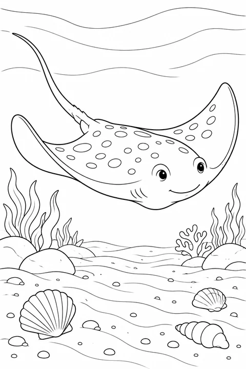 One ray with broad natural body and narrow tail swimming above rippled sand and shells