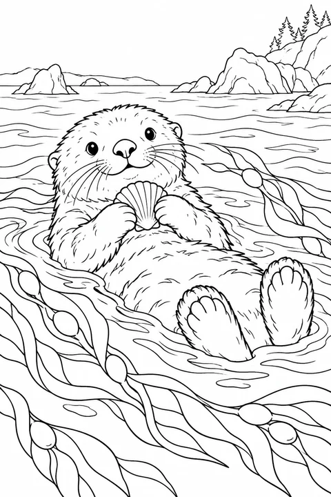 A sea otter floating on its back with a shell among gentle waves and kelp