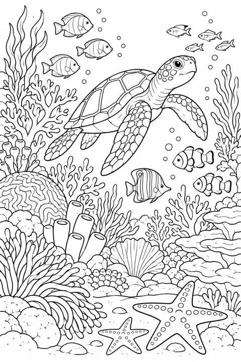 A detailed coral reef with one turtle, several small fish, distinct coral branches and starfish