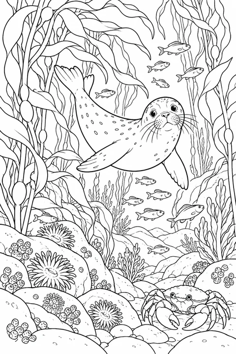 A detailed kelp forest with one seal, small fish, rocky seabed and a crab