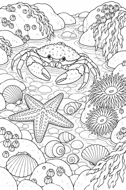 A detailed tide pool with crab, starfish, shells, anemones and rounded rocks