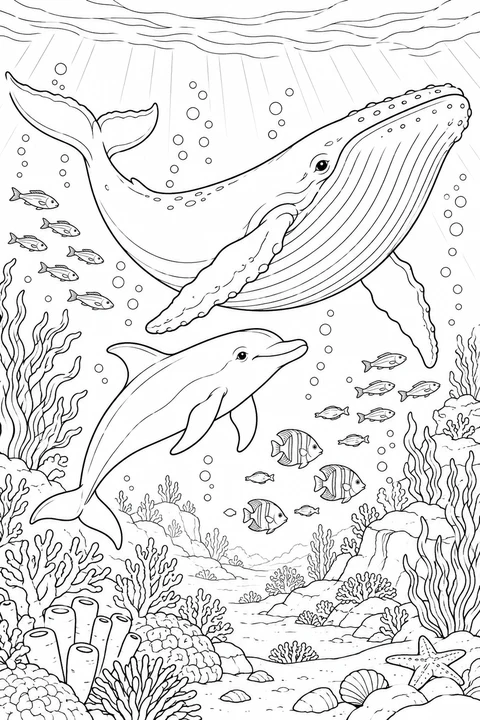 A detailed ocean scene with one whale, one dolphin and small fish, sea floor kept distant