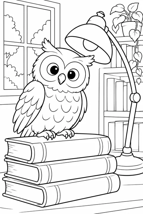 Сова рядом с книгами — сценка с несколькими предметами для раскрашивания