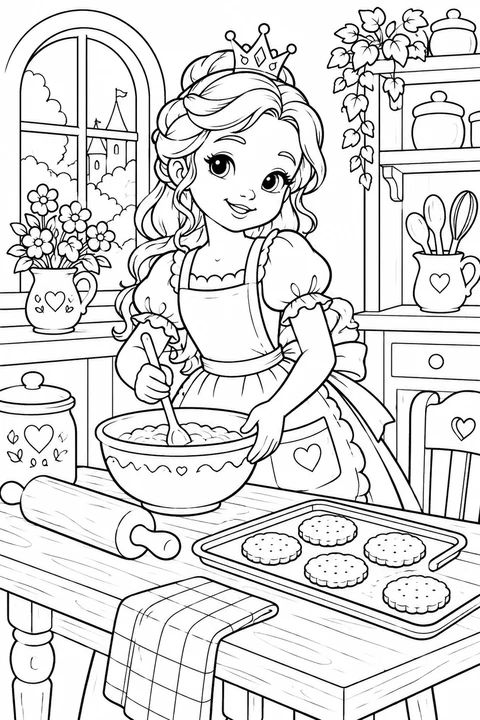 A princess in an apron beside a bowl, rolling pin and biscuits