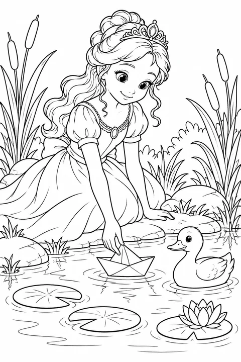 A princess floating a paper boat in a pond with lily pads