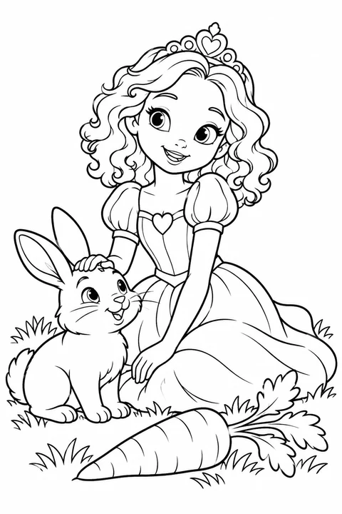 A princess sitting beside a rabbit and a carrot
