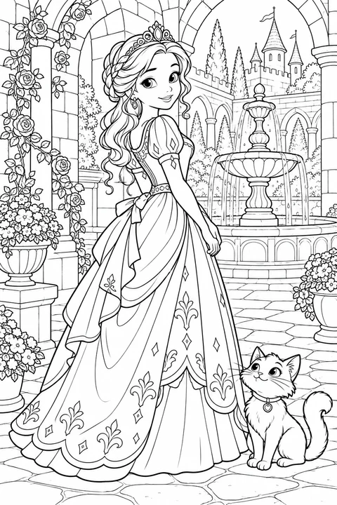 A princess beside a courtyard fountain and stone arches