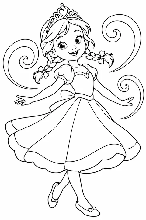 A princess with braids twirling in a wide dress