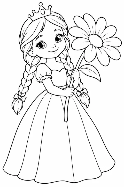 A princess with two braids holding a large daisy