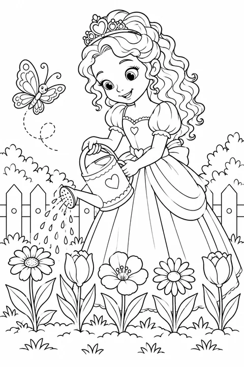 A princess watering flowers beside a garden fence