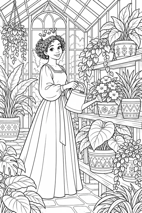 A princess tending potted plants in a greenhouse