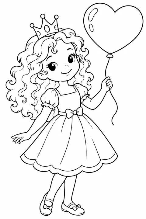 A curly-haired princess holding a heart-shaped balloon