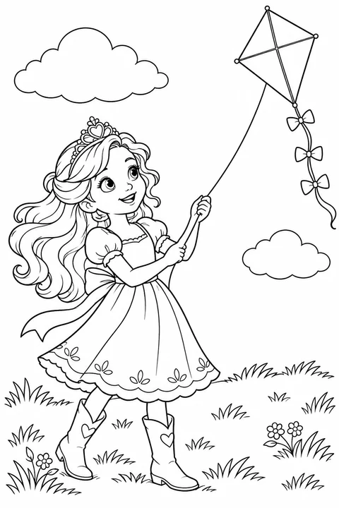 A princess flying a diamond-shaped kite with ribbon bows