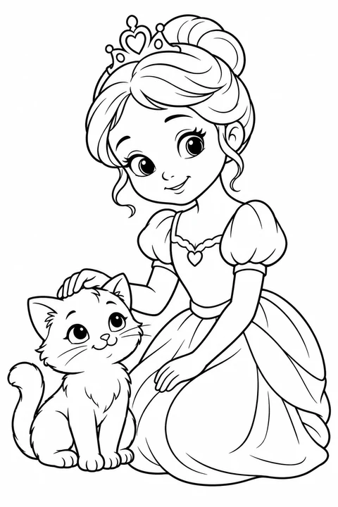 A princess kneeling beside a seated kitten