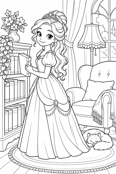 A princess holding a book beside a bookshelf and reading chair
