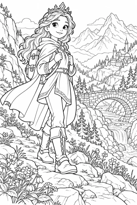 A princess with a backpack on a mountain path beside a stone bridge
