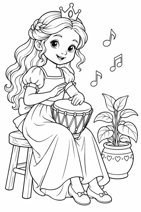 A princess on a stool playing a small hand drum