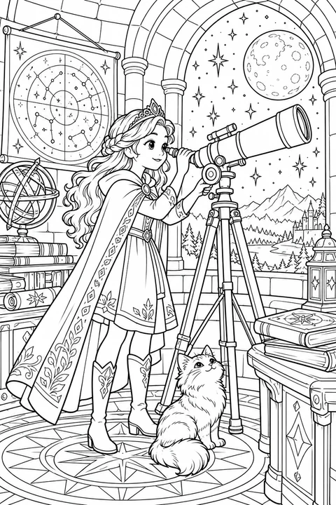 A princess in an observatory with a telescope and star chart