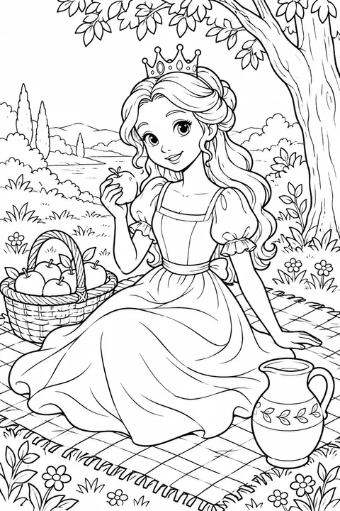 A princess on a picnic blanket beside apples and a jug