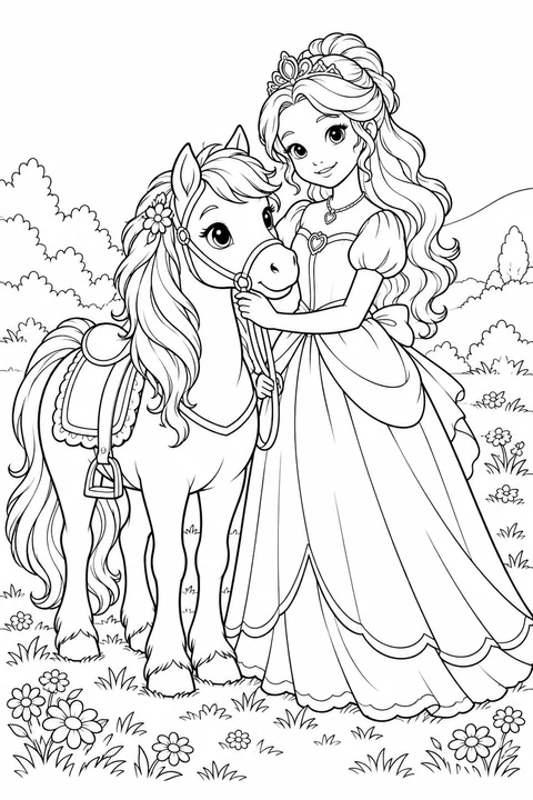 A princess standing beside a pony in a meadow