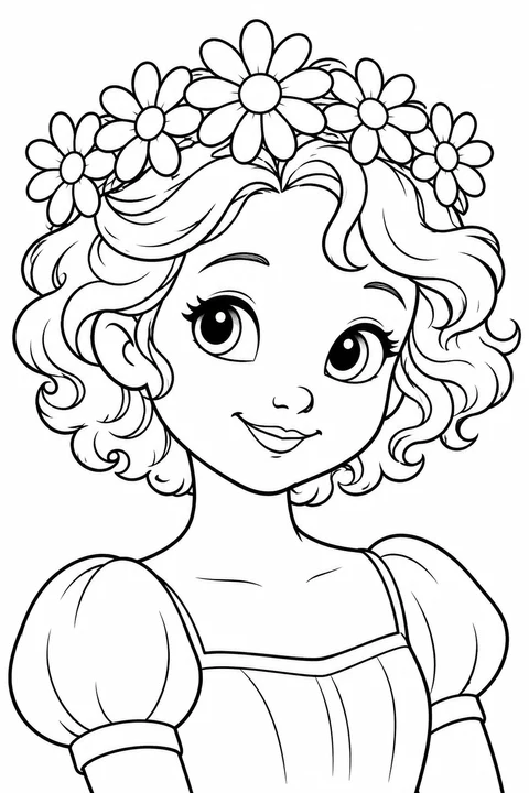 A princess portrait with curls and a crown of daisies