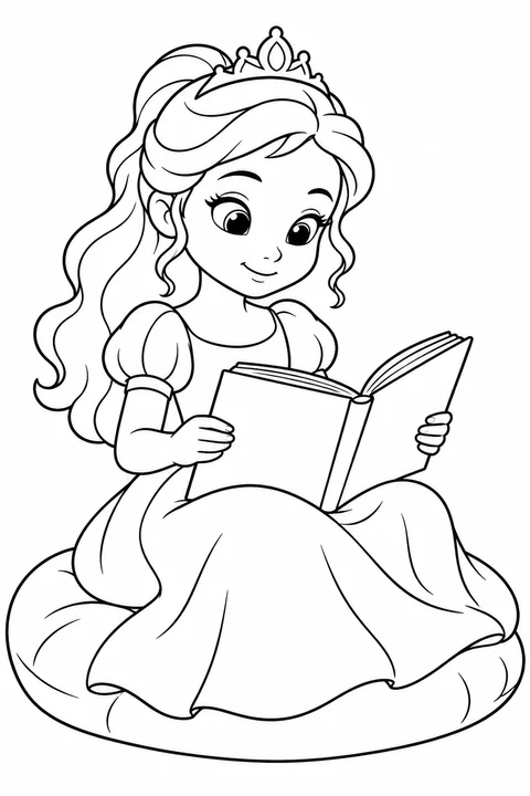 A princess sitting on a cushion reading an open book