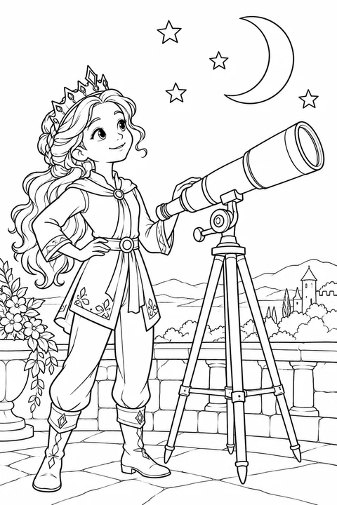 A princess beside a telescope beneath the moon and stars