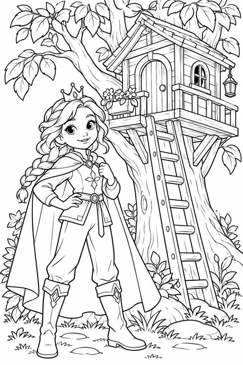 A princess in boots beside a treehouse and ladder
