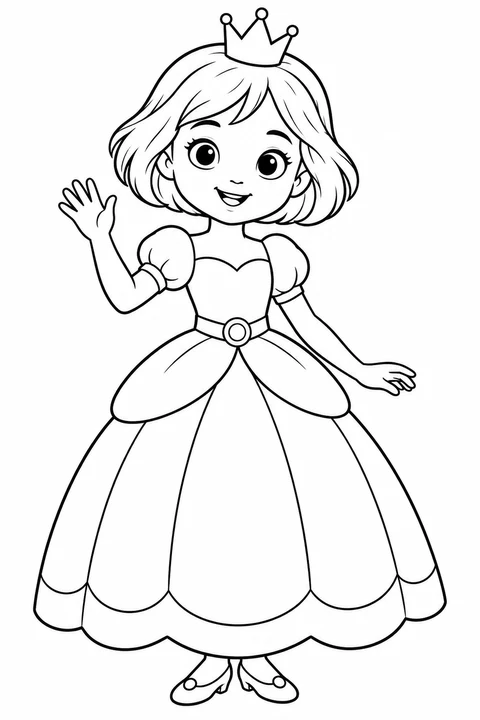 A princess in a plain dress and a small crown waving hello