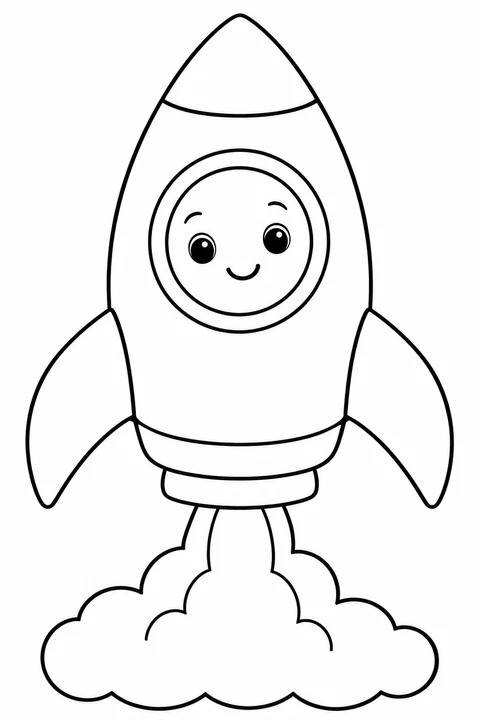 One friendly rounded rocket with two fins, one round window and outlined exhaust cloud