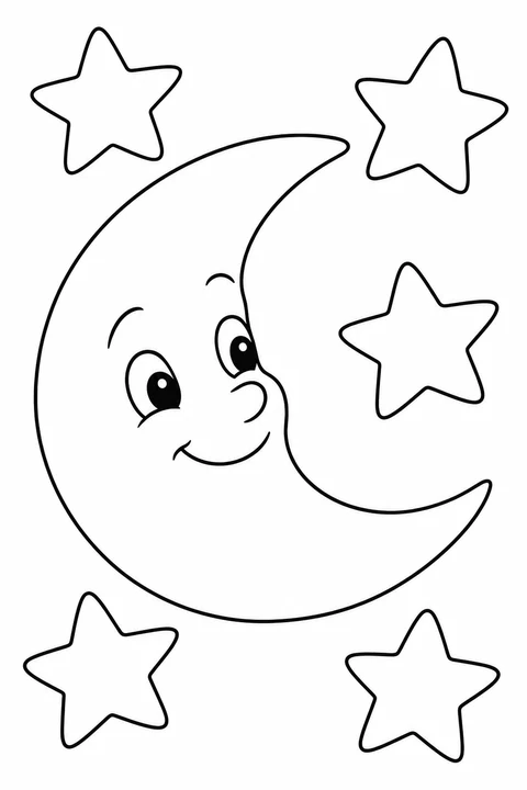 One large crescent moon and five large outlined stars