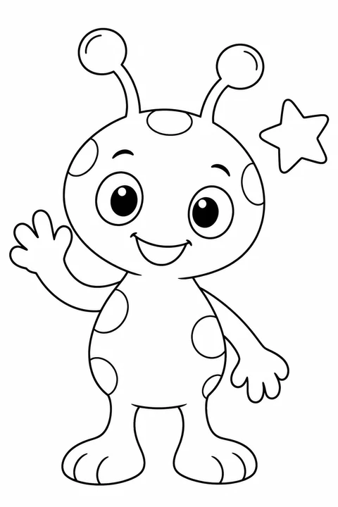 One original friendly imaginary alien with two arms and two legs waving beside one star