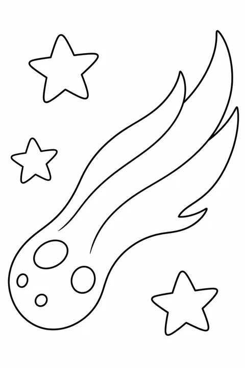 One outlined comet with broad flowing tail and three stars