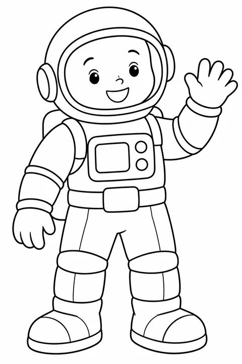 One astronaut standing and waving, two arms two legs, broad spaces on suit