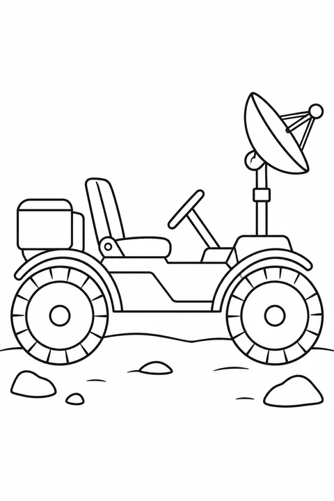 One simple four wheel lunar rover in side view with two visible wheels and antenna