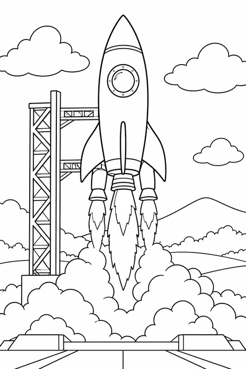 One rocket lifting from a simple launch pad with clouds and distant hill