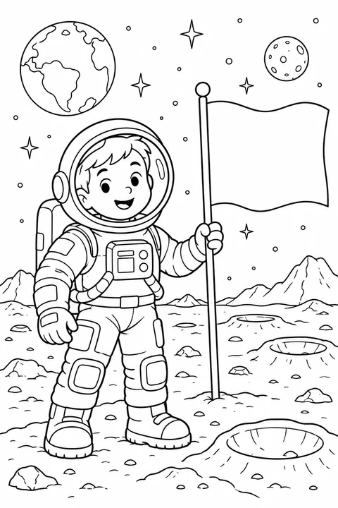 One astronaut standing beside a blank flag on cratered imaginary moon surface