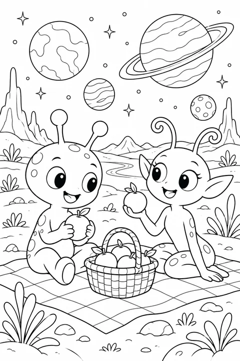 Two original friendly aliens at an imagined picnic with round fruit and distant planets