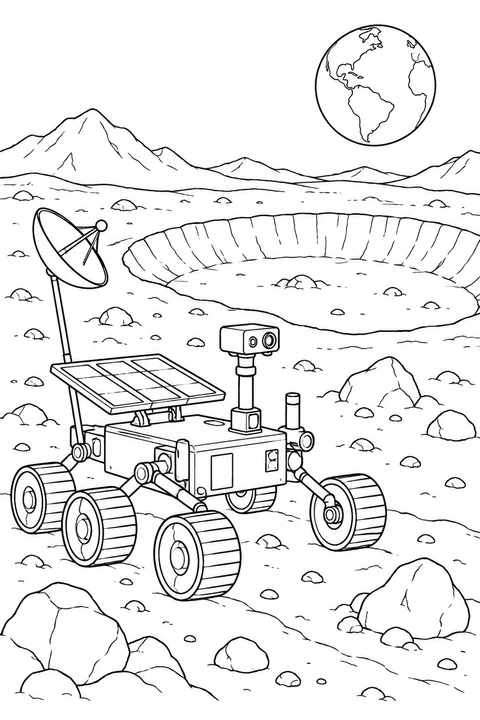 One rover beside a broad lunar crater with rocks and antenna