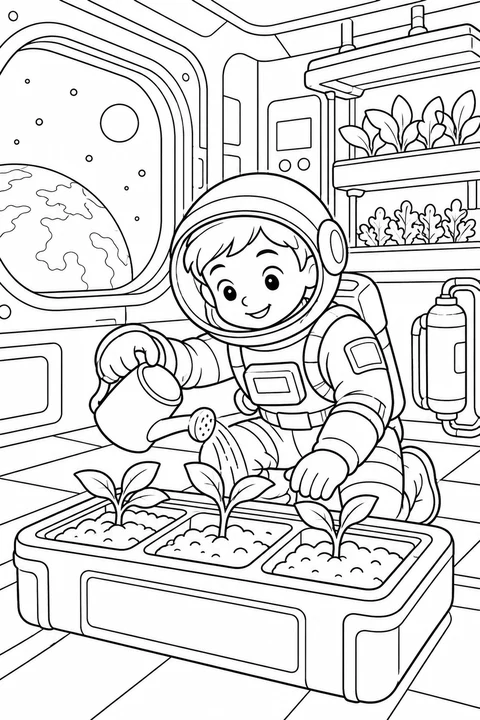 One astronaut tending three seedlings in an imagined habitat room