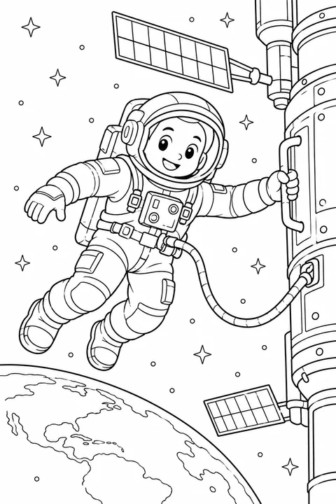One astronaut with safety tether beside a space station module and stars