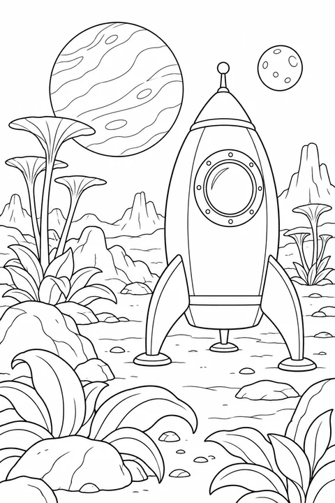 One landed rocket beside broad alien plants and rounded rocks on imaginary planet